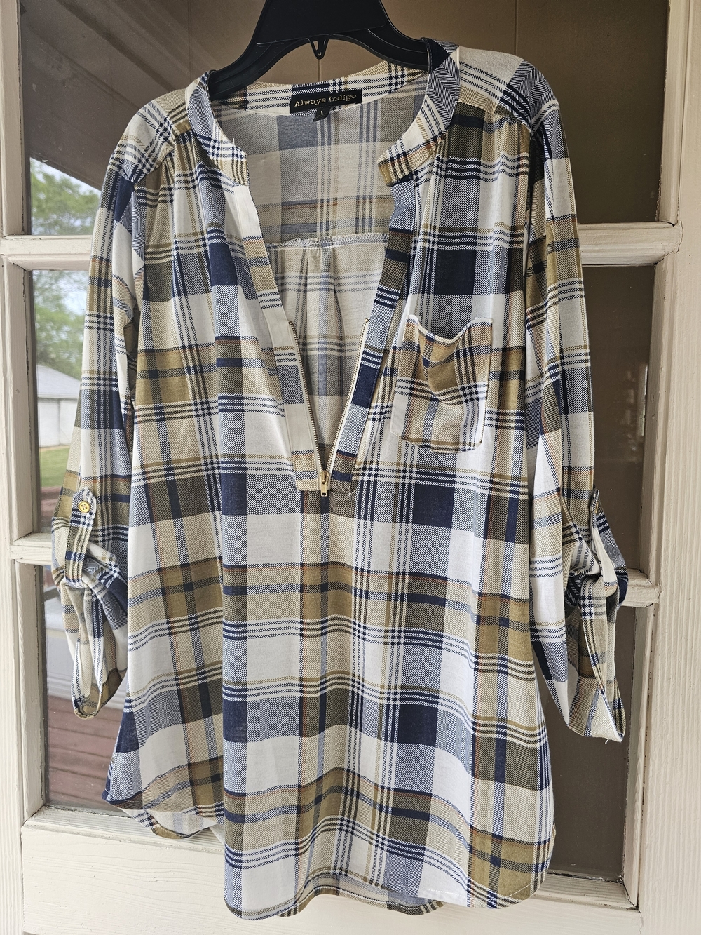 Size L Always Indigo Navy & Olive  Plaid Pullover Blouse